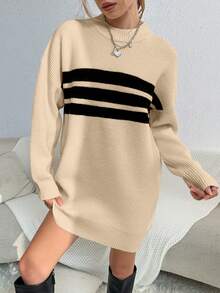 SHEIN Unity Mẫu sọc Thả vai Đầm Áo len - Màu Khaki - Xem 4