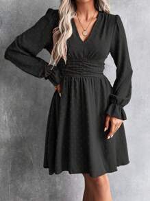 SHEIN Clasi Swiss Dot Flare Sleeve Ruched Waist Dress - Hitam - View 6