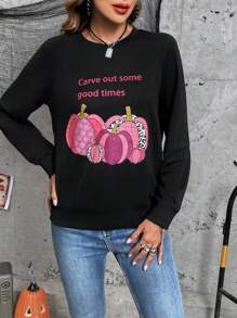 SHEIN LUNE Sudadera con estampado de halloween de manga raglán - Negro - Ver 3