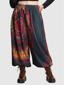 ROMWE Hippie Plus Tie Dye Elastic Waist Lantern Sleeve Pants - Multicolor - View 6