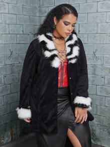 ROMWE PUNK Plus Fuzzy Trim Button Front Coat - Black - View 4
