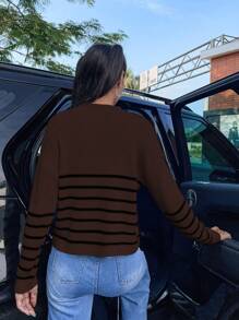 SHEIN Unity Striped Pattern Half Zip Drop Shoulder Sweater - Brown - View 2