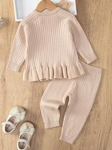 女嬰插肩袖荷葉邊下擺套頭毛衣和針織褲 - 杏色 - 查看 2