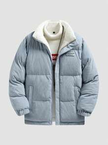 Men Letter Patched Detail Zipper Padded Coat Without Sweater - Blue - View 1