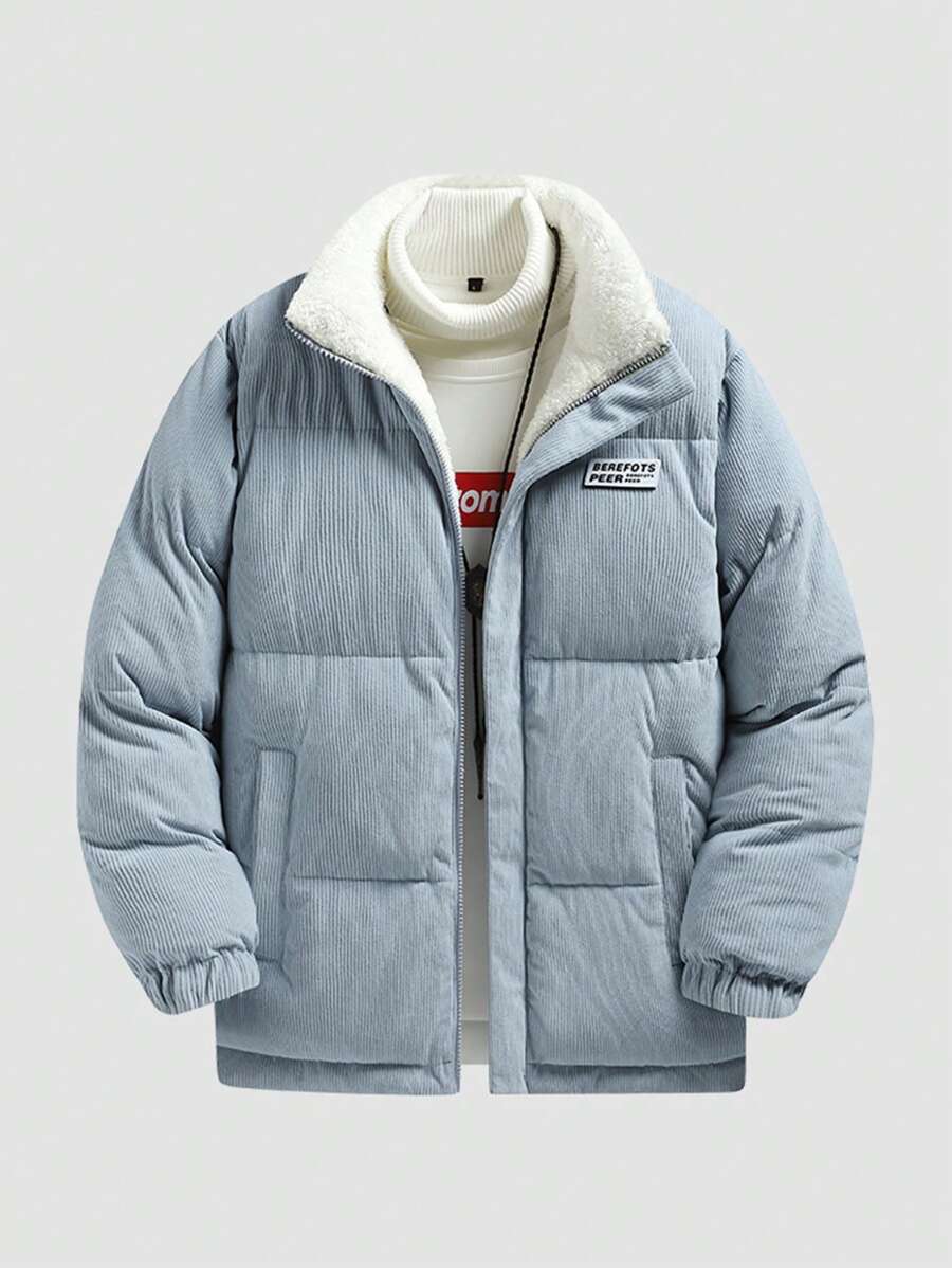 Men Letter Patched Detail Zipper Padded Coat Without Sweater - Blue - View 1