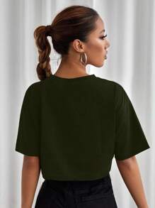 SHEIN Unity 汽車和字母圖案拉鏈細節短款T恤 - 綠色 - 查看 2