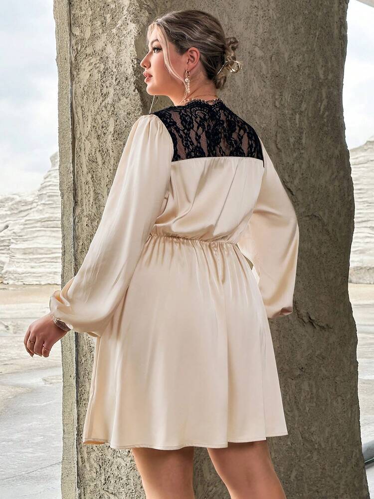 Plus Eyelash Lace Trim Lantern Sleeve Dress Without Belt