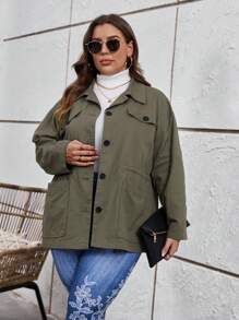SHEIN LUNE Plus Flap Pocket Drop Shoulder Coat - Army Green - View 4