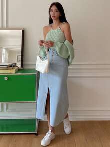 DAZY 紐扣門襟毛邊牛仔半身裙 - 藍色 - 查看 7