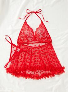 Plus Heart Pattern Contrast Lace Sheer Lingerie Set - Red - View 3