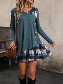 EMERY ROSE Plaid Print Button Detail Ruffle Hem Dress - Green - View 6