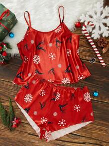 Plus Christmas Print Satin PJ Set - Red - View 1