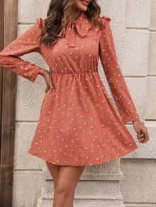 SHEIN LUNE Vestido con estampado floral y lazo en el cuello - Rosa vieja - Ver 4