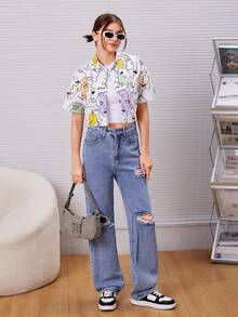 SHEIN 青少年女孩圖案落肩短款襯衫 - 薄荷綠 - 查看 3