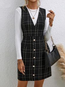 Chiquease 格紋單排釦粗花呢背帶洋裝無毛衣 - 黑色 - 查看 3