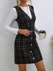 Chiquease 格紋單排釦粗花呢背帶洋裝無毛衣 - 黑色 - 查看 5