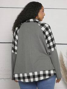 SHEIN CURVE+ Plus Size Plaid Raglan Sleeve Drawstring Sweatshirt - Multicolor - View 2