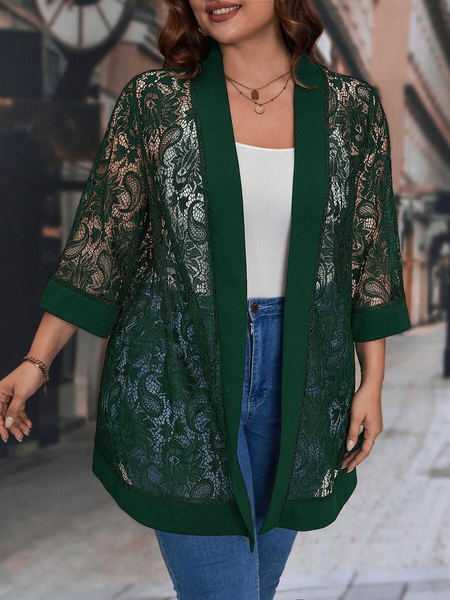 SHEIN Clasi Abrigo con encaje y parte delantera abierta - Verde Oscuro - Ver 1