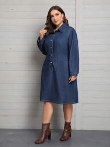 SHEIN Privé Plus Button Front Denim Dress - Dark Wash - View 3