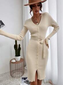 SHEIN Privé Ribbed Knit Button Front Belted Bodycon Sweater Dress - Apricot - View 4