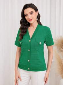 Modelyn Flap Pocket Button Front Cardigan - Green - View 5