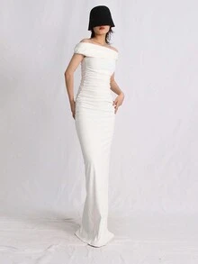 Off Shoulder Split Thigh Ruched Bodycon Dress - White - View 4