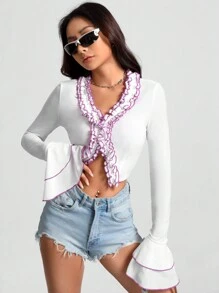 SHEIN Unity Contrast Binding Frill Trim Crop Top - White - View 4