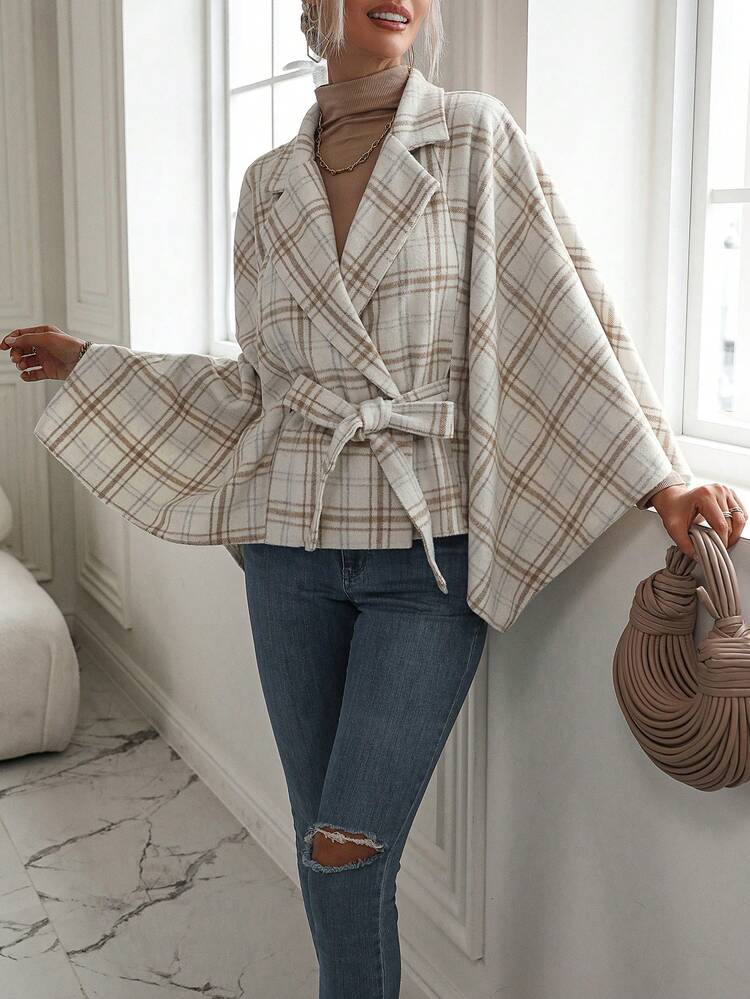 Plaid Print Batwing Sleeve Belted Cape Overcoat Fall Cloth For Women