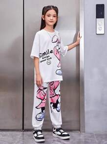 SHEIN 女大童卡通圖案落肩T恤和褲子 - 彩色 - 查看 4