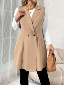 SHEIN Franclia Talla grande Abrigo chaleco de cuello con solapa con botones - Caqui - Ver 3