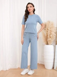 Modelyn 素色套頭毛衣&紐扣細節針織長褲 - 淺藍色 - 查看 4