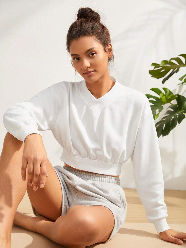 Letter Patched Drop Shoulder Crop Sports Sweatshirt