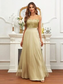 SHEIN Belle 亮片拼接網紗正式洋裝 - 香檳色 - 查看 4