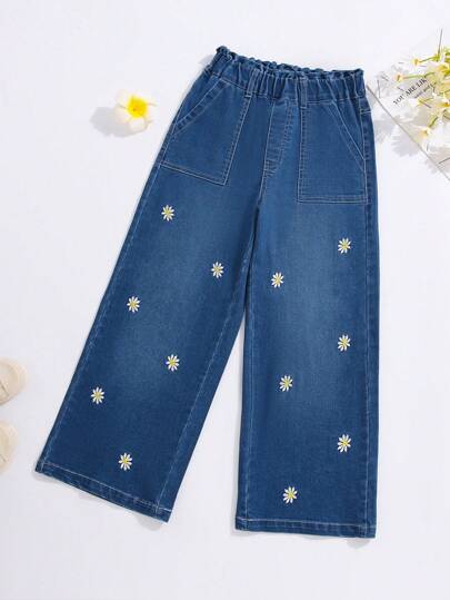 Jeans larghi e dritti da ragazza, con ricamo a margherita, adatti per tutte le stagioni