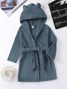 男小童3D耳朵設計連帽腰帶法蘭絨睡袍 - 藍色 - 查看 1