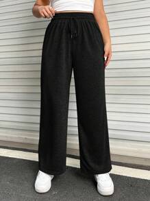 SHEIN EZwear Plus Drawstring Waist Wide Leg Sweatpants - Black - View 1