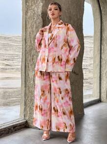 SHEIN Privé Plus Tie Dye Button Up Blazer & Wide Leg Pants - Multicolor - View 5