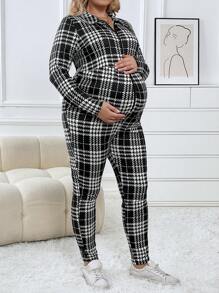 SHEIN Maternity Plus Plaid Print Zip Up Jumpsuit