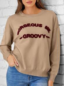 EMERY ROSE Pullover mit Buchstabe Muster, Drop Shoulder - Khaki - Übersicht 1