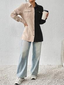 SHEIN Essnce Two Tone Flap Pocket Button Front Coat - Multicolor - View 6