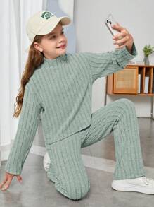 SHEIN Tween Girl Mock Neck Ribbed Knit Tee & Pants - Mint Green - View 4