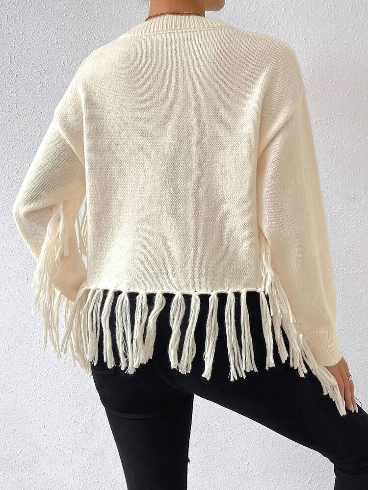 Fringe Trim Drop Shoulder Knit Pullover Fall Winter Sweater