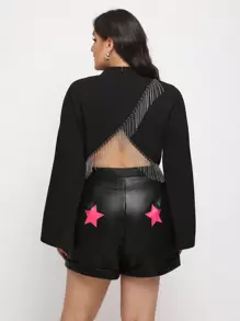 Talisha White Designer Plus Star Print Fringe Hem Tee, Graphic Tees, For Holiday, Vacation, Spring, Festival, Ibiza Fits - Black - View 2