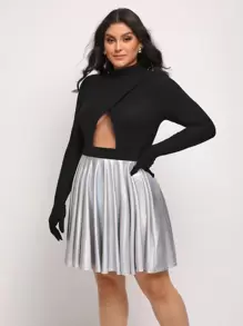 Serita Bell Designer Plus Mock Neck Cut Out Front Metallic Dress, Elegant Dress,Fall New Year Eve Outfit, For Autumn, Holiday, Party - Multicolor - View 5