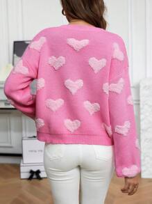 SHEIN Qutie Heart Pattern Drop Shoulder Sweater - Pink - View 2
