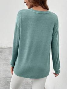 SHEIN LUNE Half Button Drop Shoulder Tee - Green - View 4