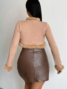 Zolique 毛茸邊前打結短款開衫 - 駝色 - 查看 2