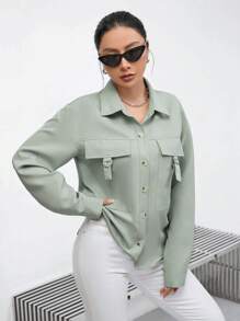 GENKIRA Flap Pocket Buckle Detail Button Front Shirt Fall Cloth For Women - Mint Green - View 3