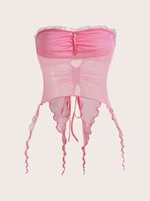 SHEIN ICON Drawstring Front Asymmetrical Hem Tube Top - Baby Pink - View 2