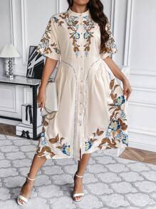 Flirla Talla grande Vestido camisero con estampado floral con botón delantero - Albaricoque - Ver 4